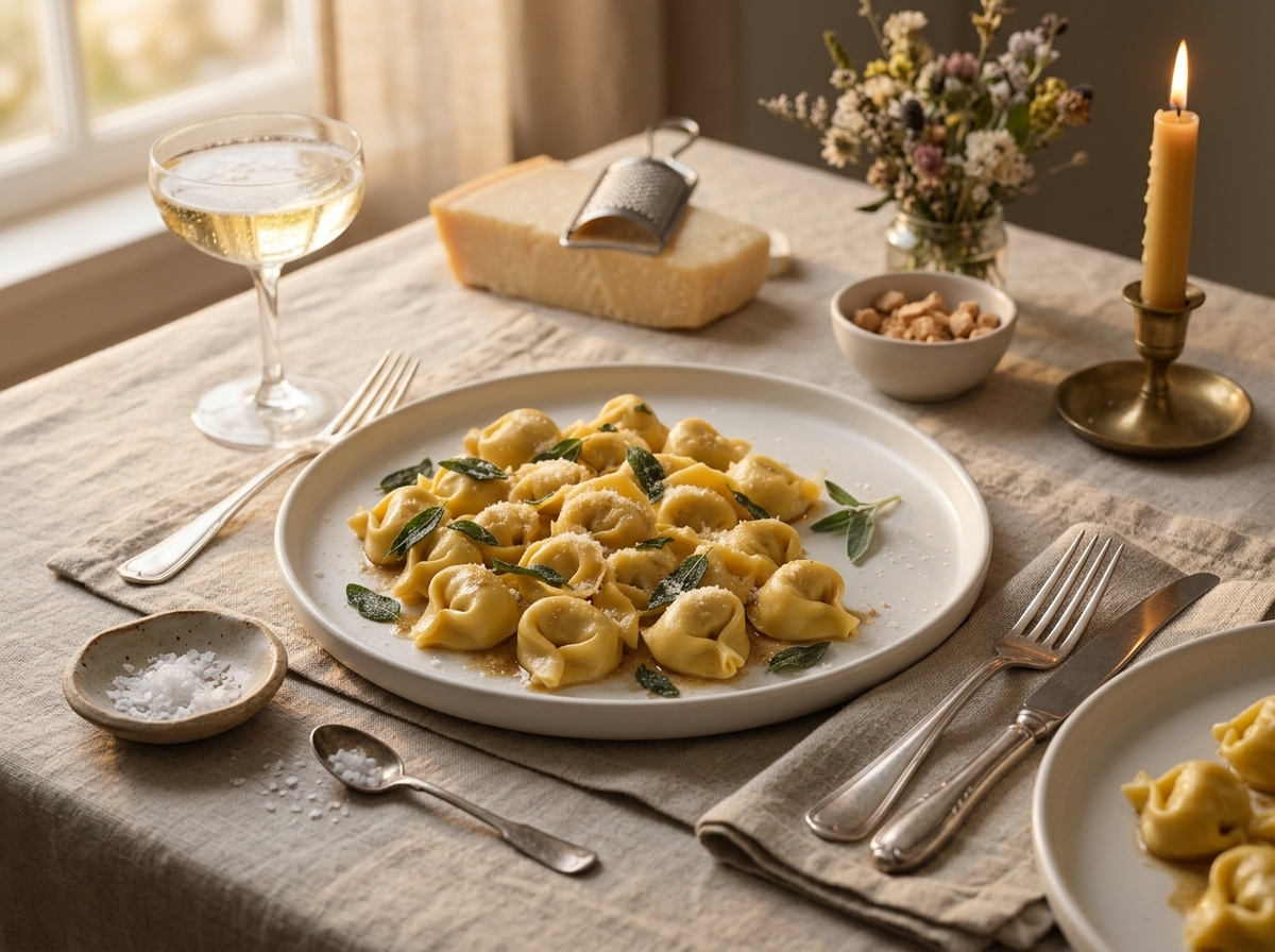 Two plates of filled pasta on a linen-covered table beside a glass of sparkling wine and a cheese wedge