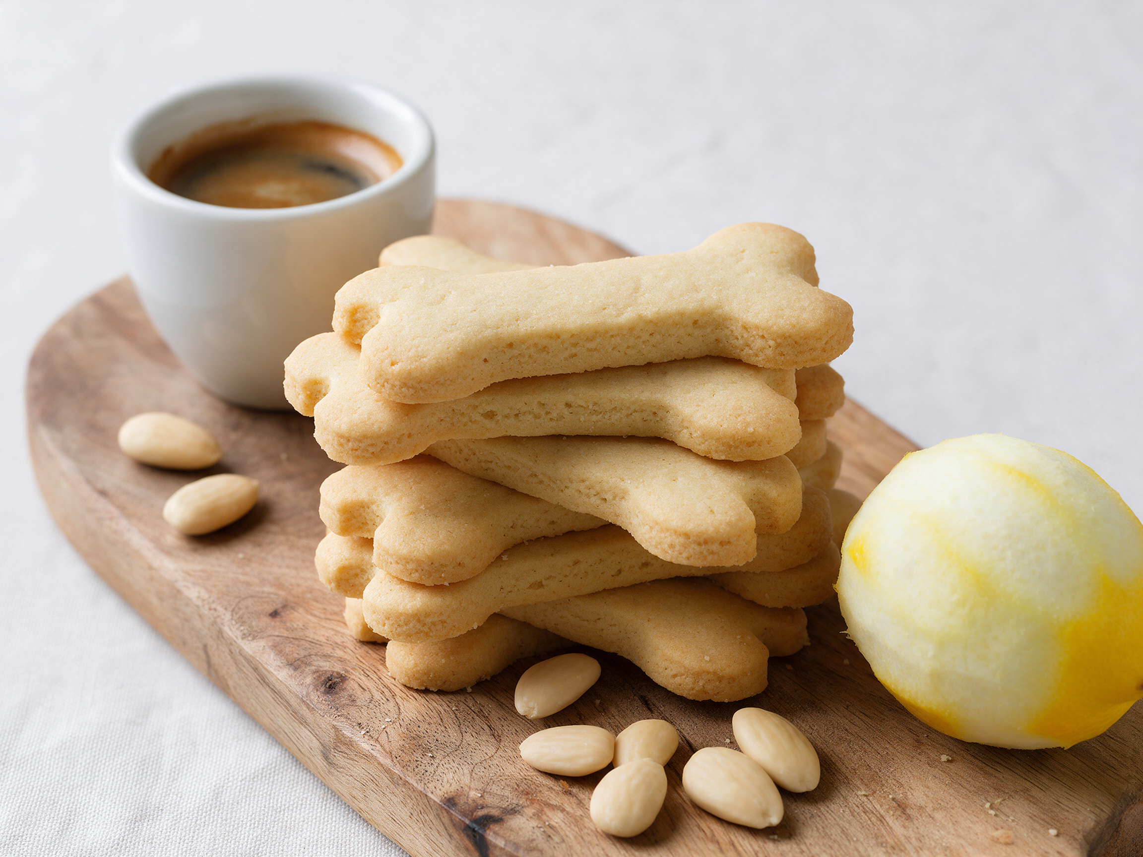 Pale bone-shaped almond cookies stacked on a rustic wooden board beside a small cup of espresso