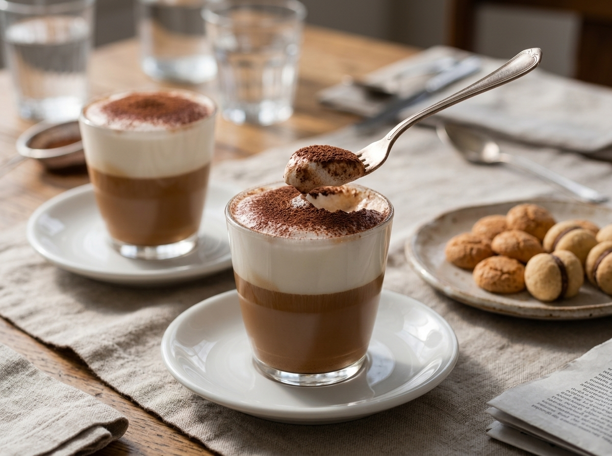 Two Marocchino glasses with amaretti and baci di dama biscuits on a linen napkin in soft morning window light