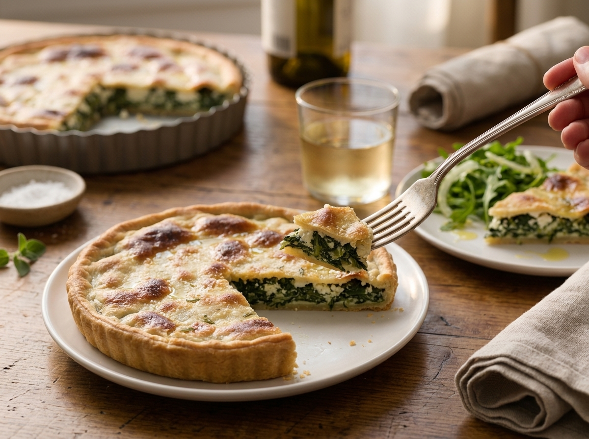 Plated slices of torta di verdura with arugula salad and a glass of white wine on a sunlit wooden table