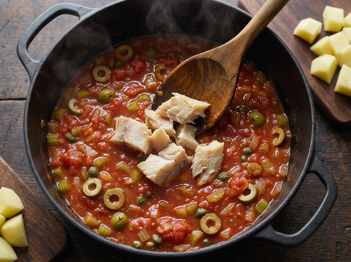Wooden spoon sliding raw stockfish pieces into simmering tomato, onion and celery sauce in a Dutch oven