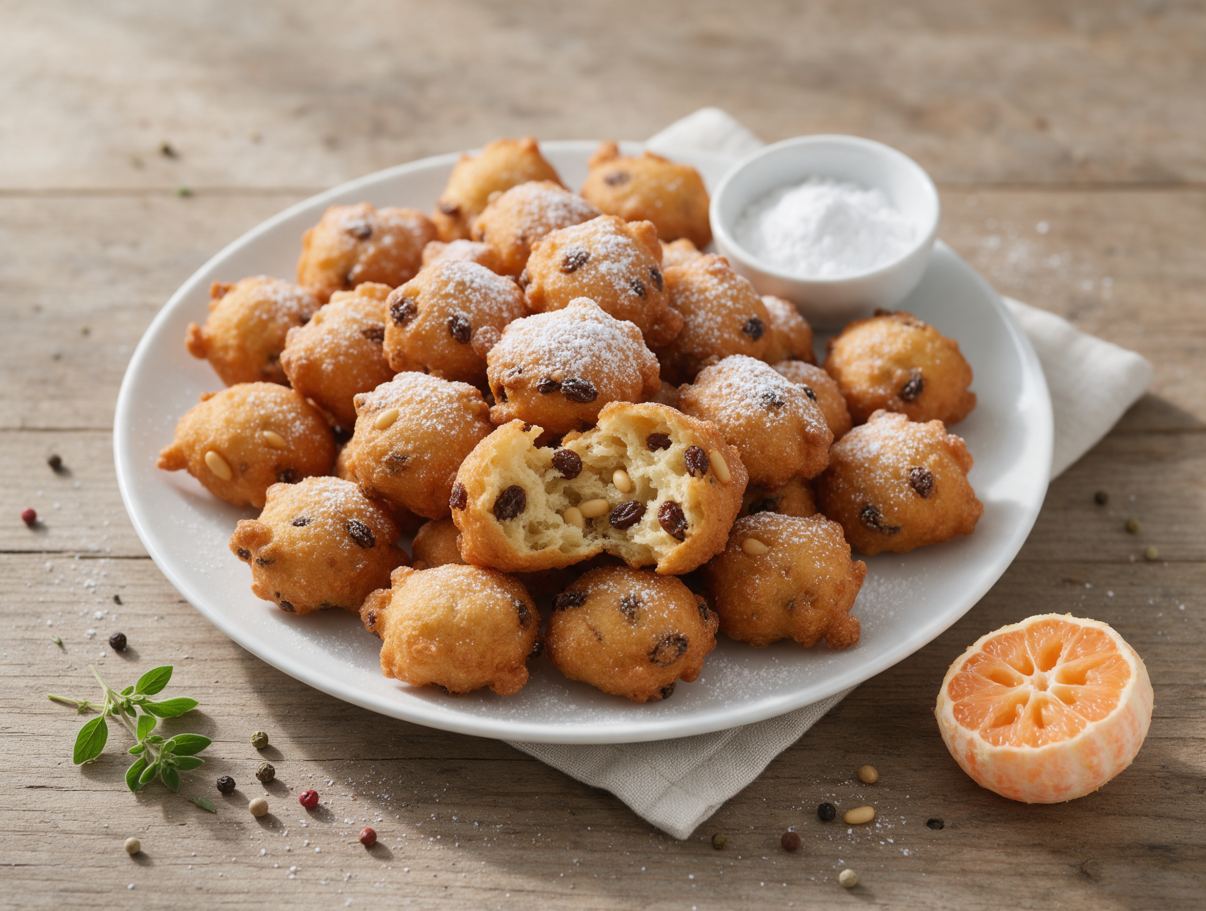 Golden fritole veneziane dusted with powdered sugar piled on a white plate, one torn open to show raisins