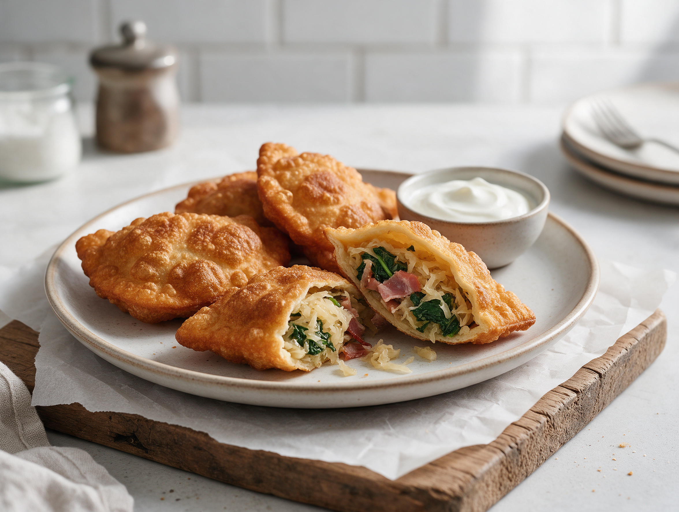 Blistered golden Tirtlen pockets, one halved to show sauerkraut and spinach filling