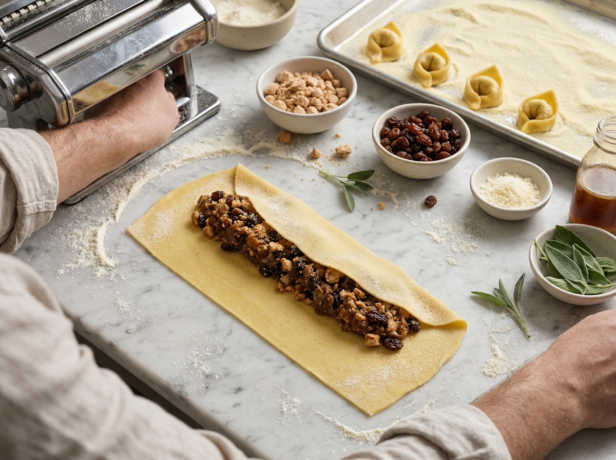 Hands pressing a damp seam on a pasta rectangle rolled around a log of amaretti and raisin filling