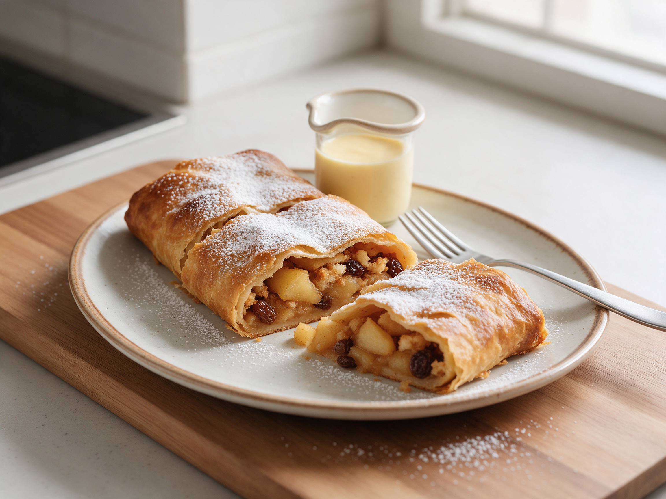 Sliced baked apple strudel with golden crust, apple and raisin filling and vanilla sauce