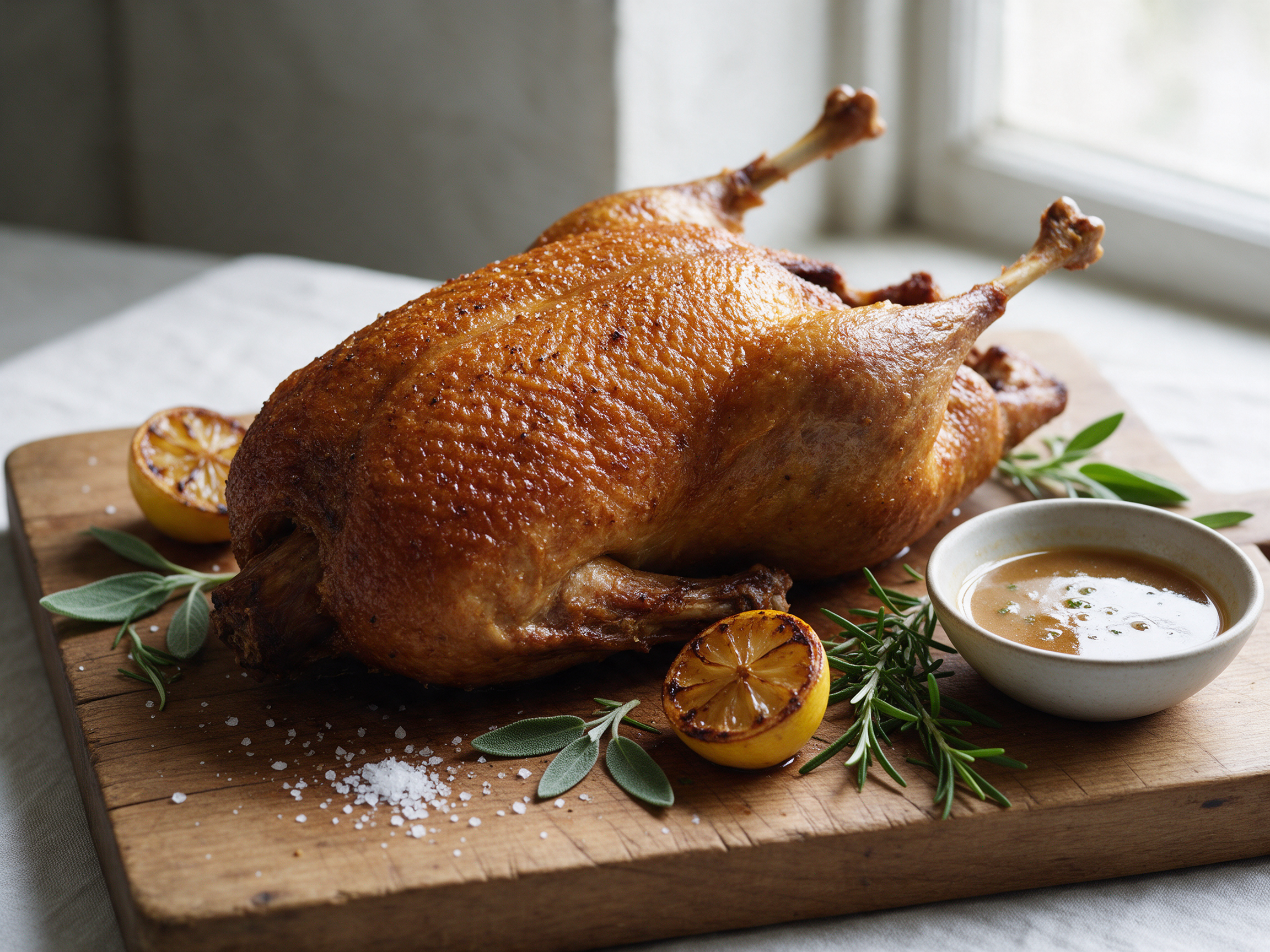 Whole roast duck with deep golden crisp skin on a wooden board with lemon halves, rosemary and sage