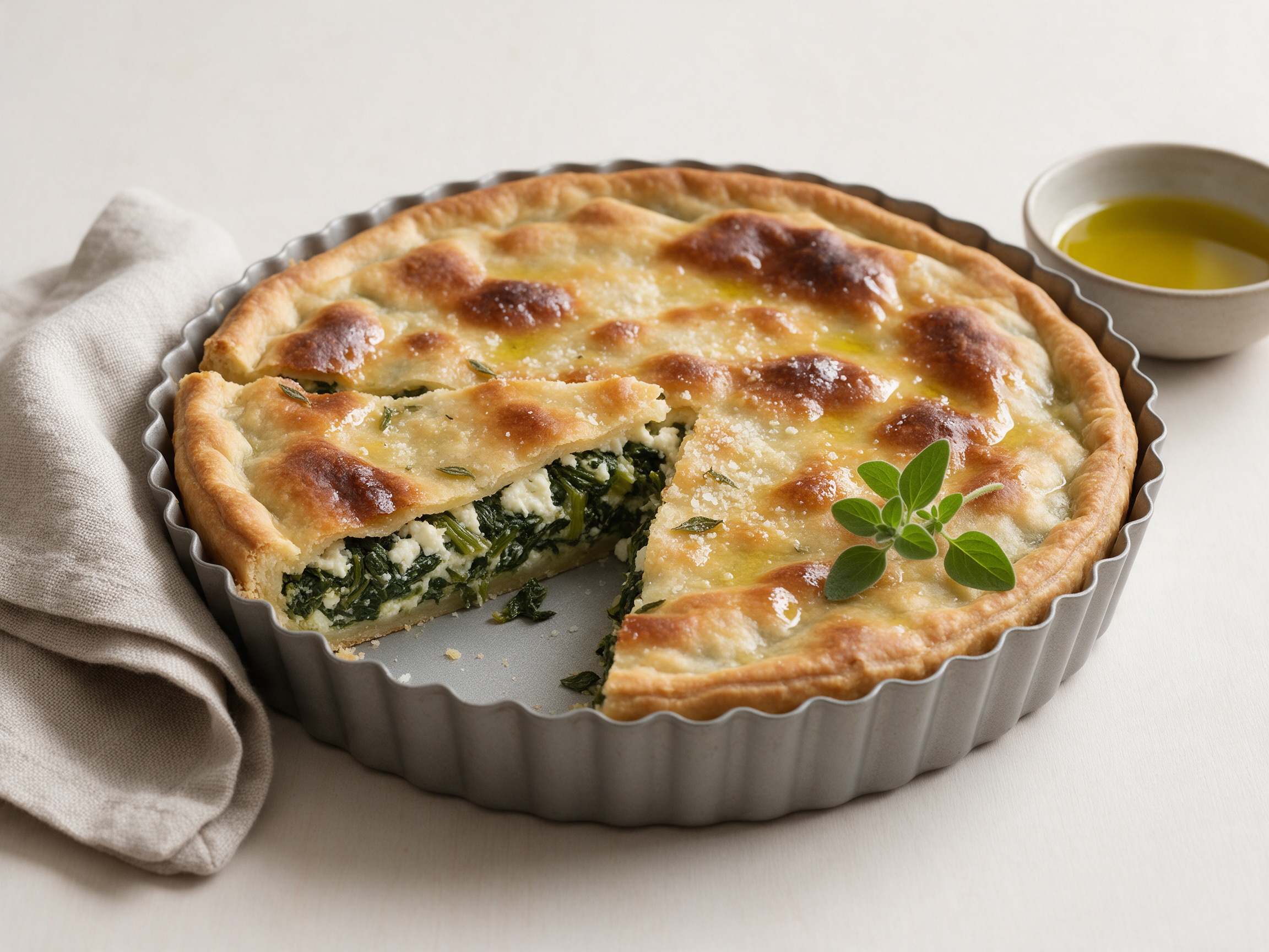 Whole baked Ligurian greens pie in a fluted tart pan, one wedge lifted to show the chard and ricotta filling