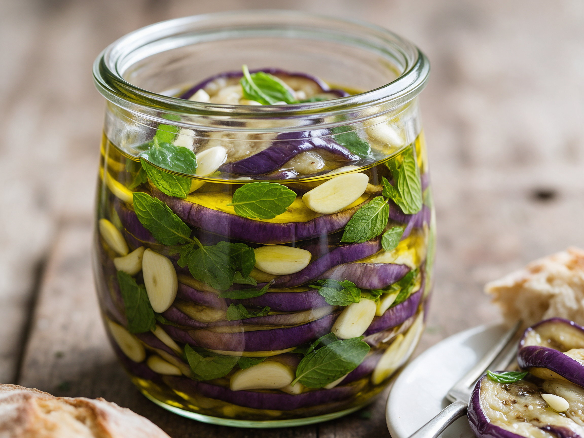 Glass jar of sliced eggplant in olive oil with garlic and mint, a few slices on a plate