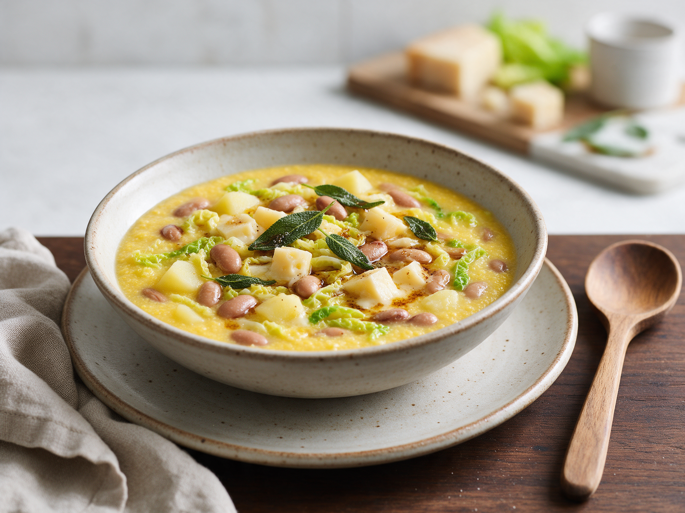 Bowl of thick yellow cornmeal soup with beans and cabbage, topped with Casera cubes and sage butter on linen