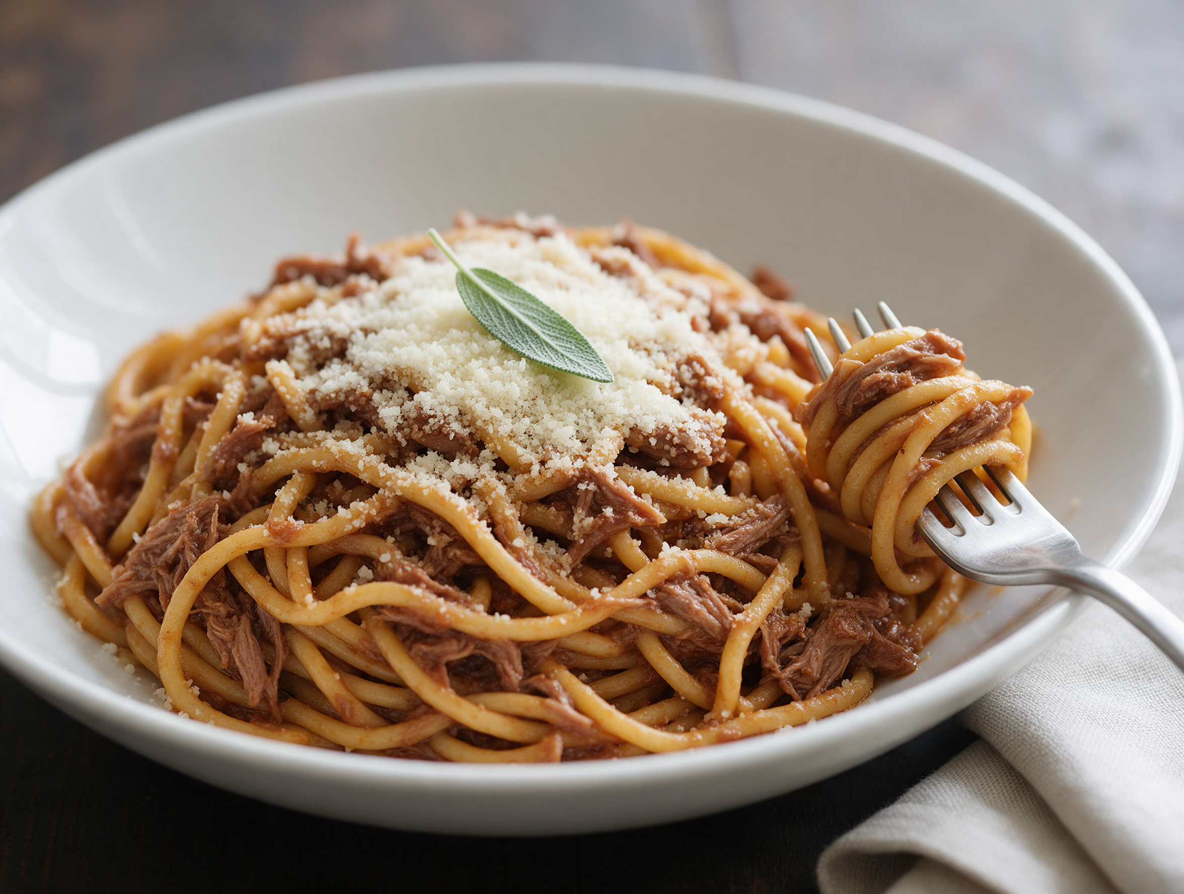 Bigoli tangled with shredded duck ragu in a white bowl, grated Grana on top, on a dark wooden table