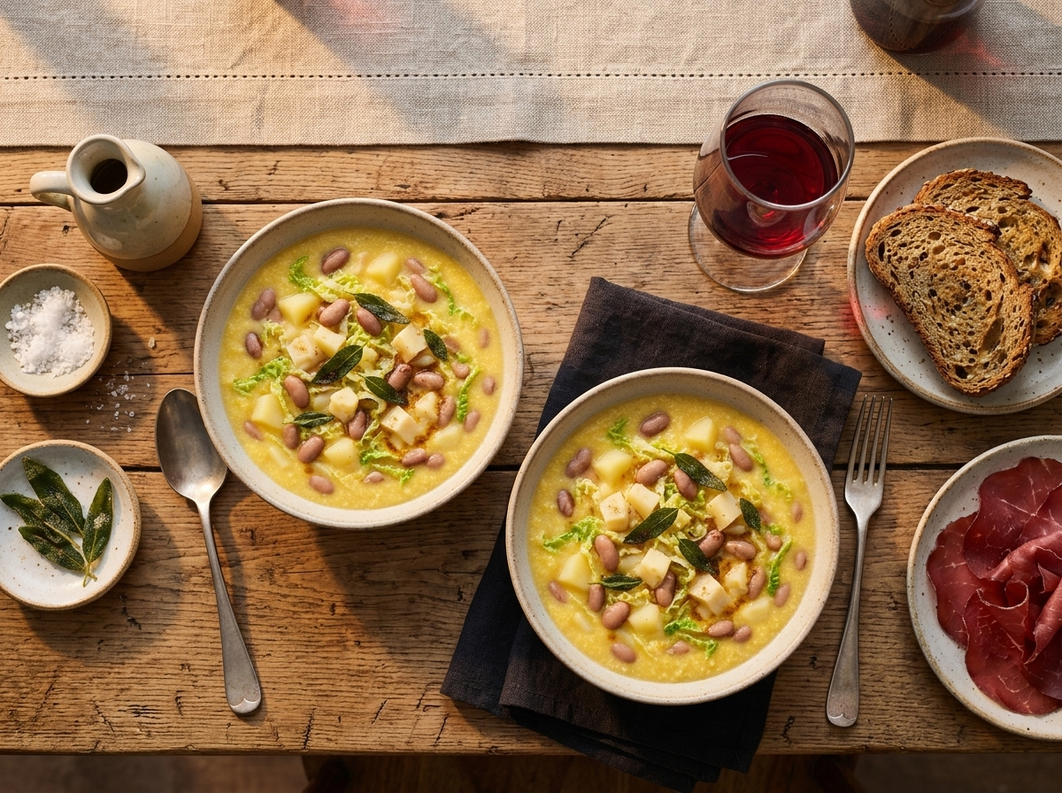 Two bowls of Valtellina soup on a wooden table with rye bread, bresaola and red wine in soft window light