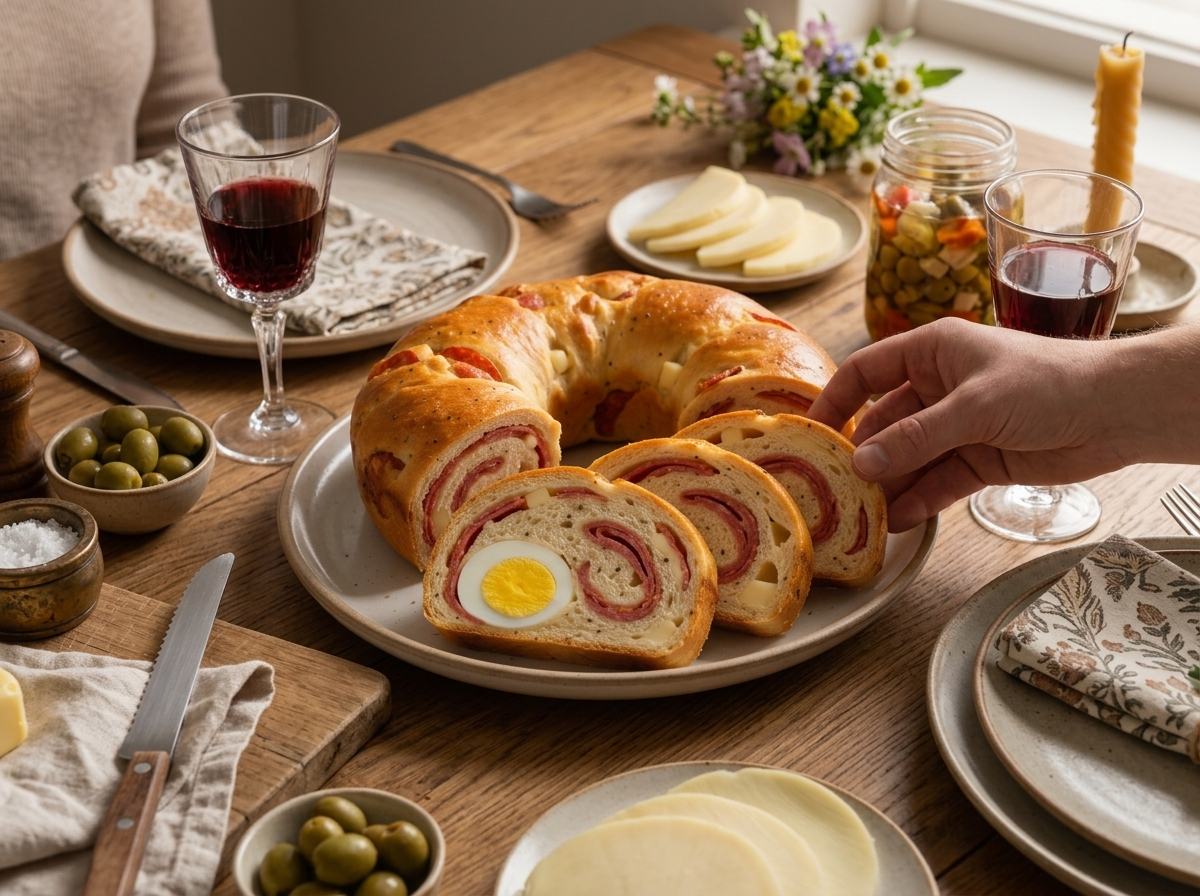 Easter Monday lunch table with tortano slices, green olives and red wine glasses on a linen-covered wooden table