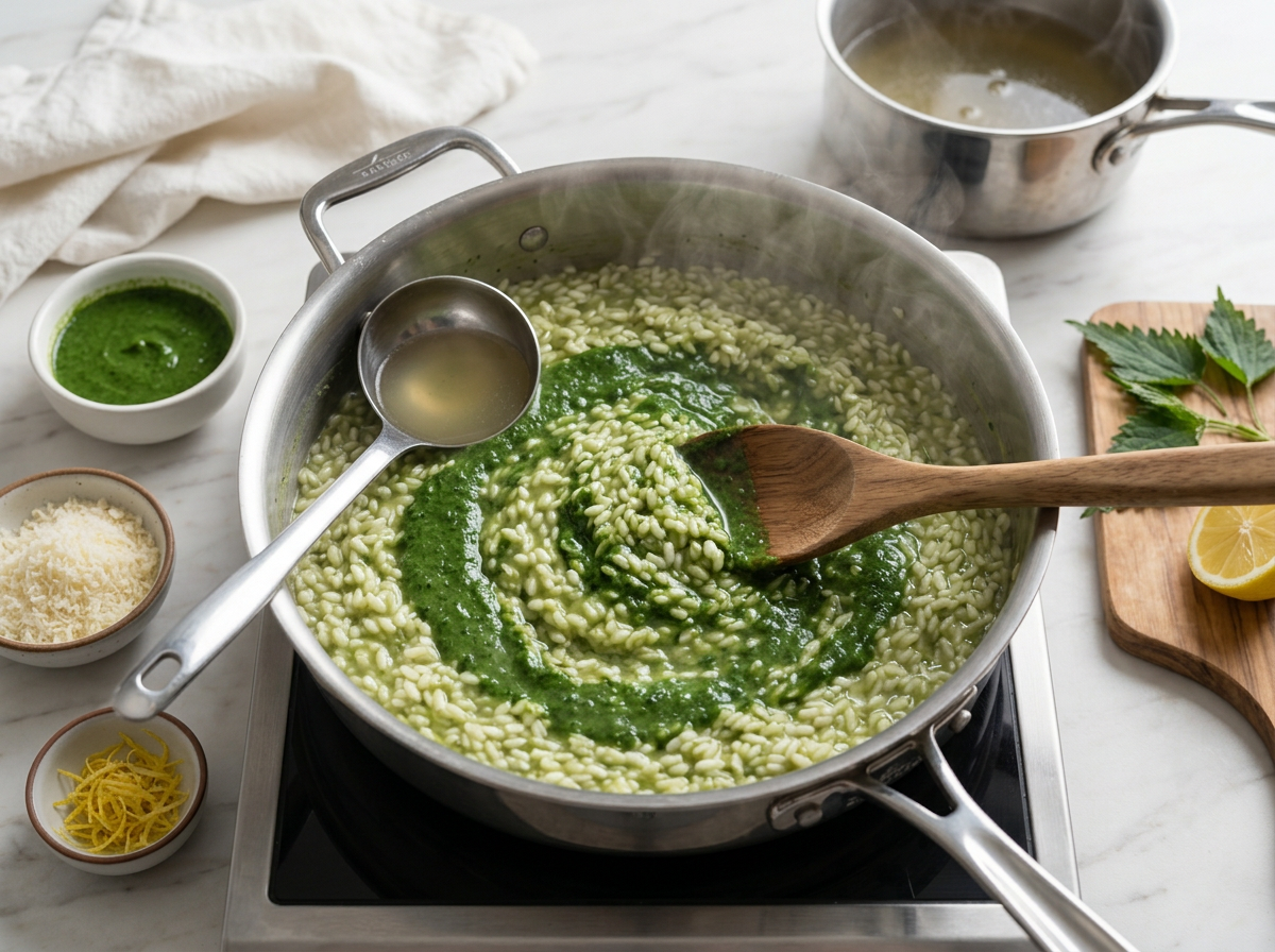 Wooden spoon stirring vivid green purée into creamy rice in a wide sauté pan with a ladle of hot broth nearby