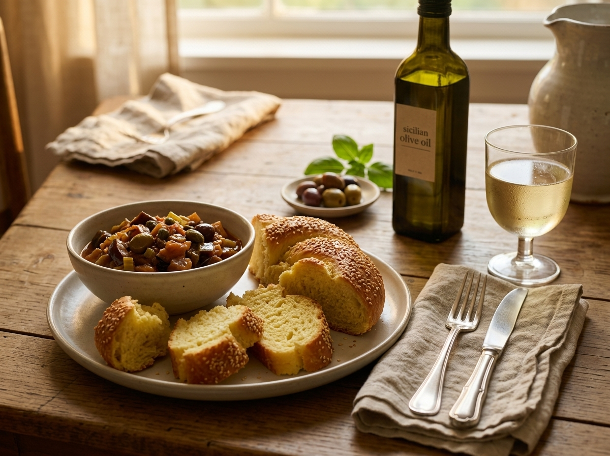 Torn mafalda slices beside a bowl of caponata and olive oil on a linen-covered lunch table