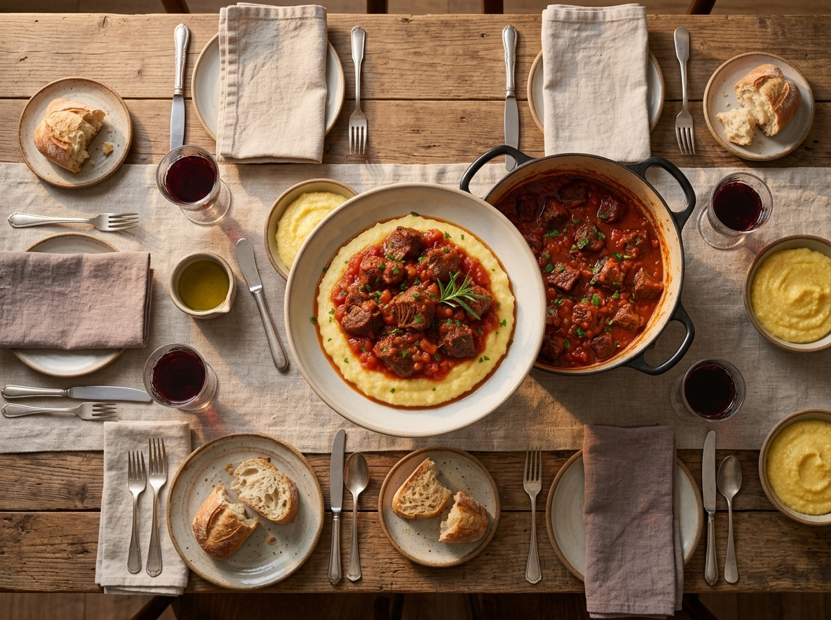 Farmhouse table set for six with a pot of boar stew, torn bread, and glasses of Chianti by a window
