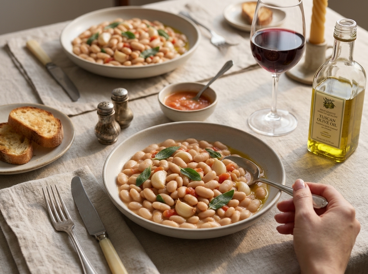 Two bowls of Tuscan beans on a linen-covered table with a bottle of olive oil and a glass of red wine