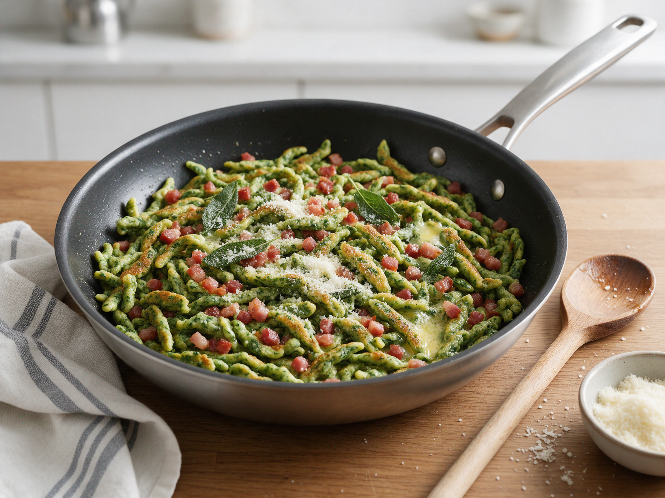 Skillet of green spinach spätzle with crisp speck, sage and grated cheese