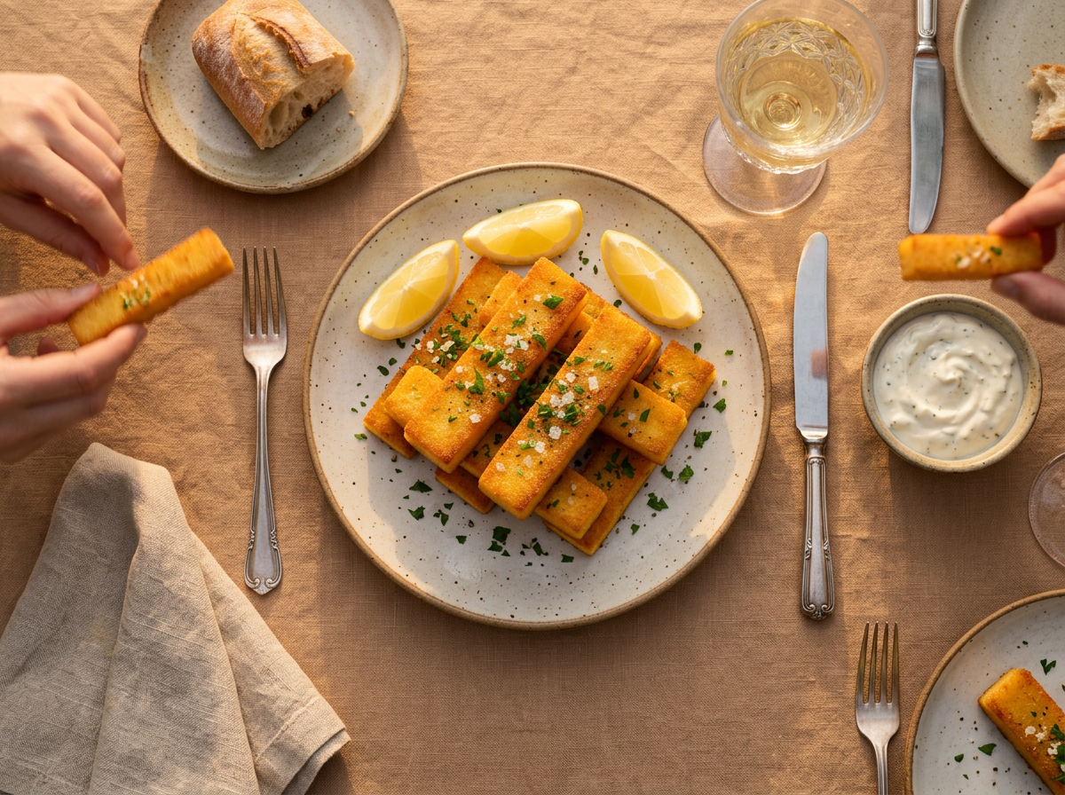 Friends sharing a parchment-lined basket of crisp chickpea sticks with white wine at a linen-covered outdoor table