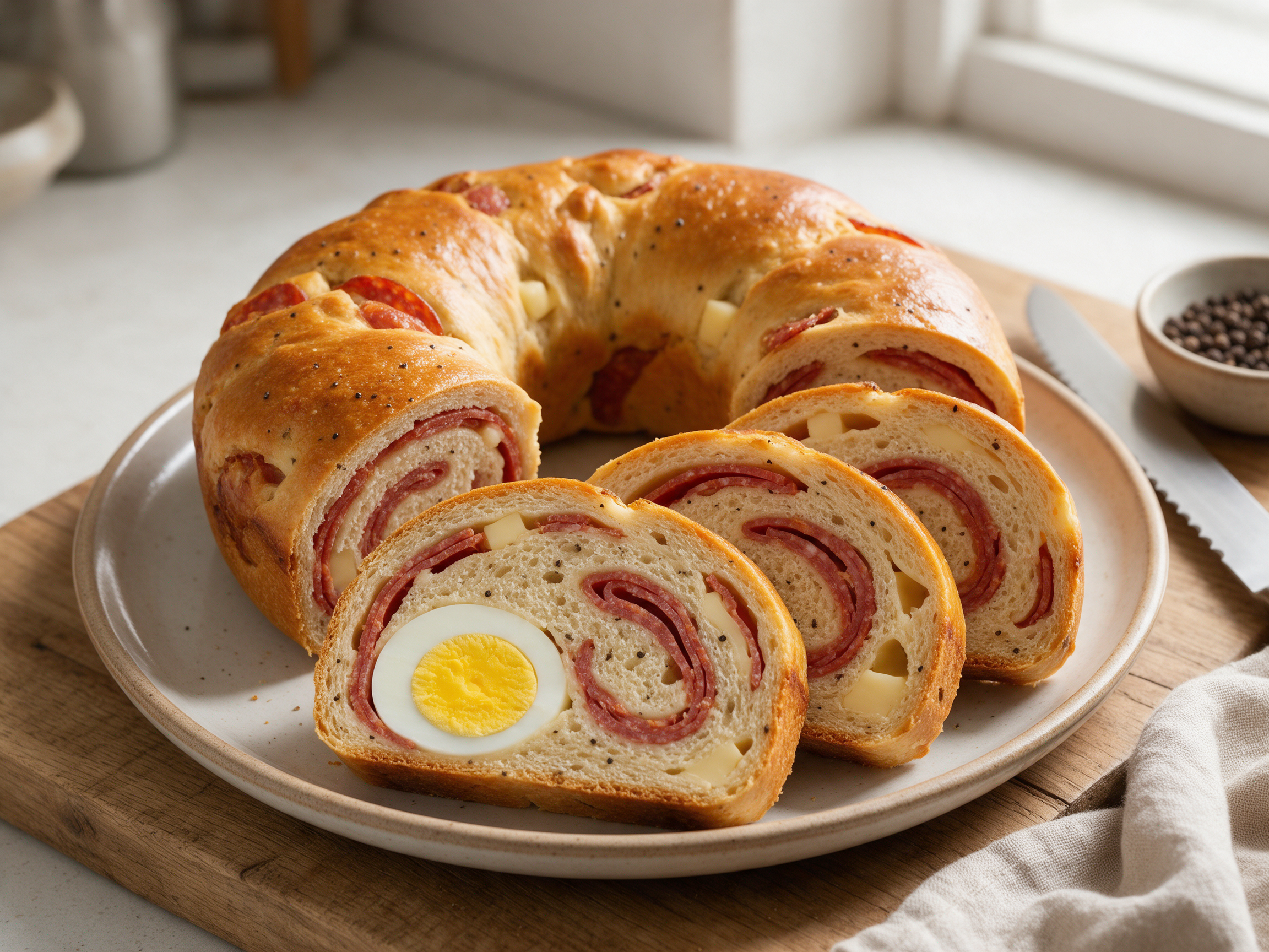 Sliced tortano napoletano ring on a wooden board with salami and provolone spirals and a halved egg in window light