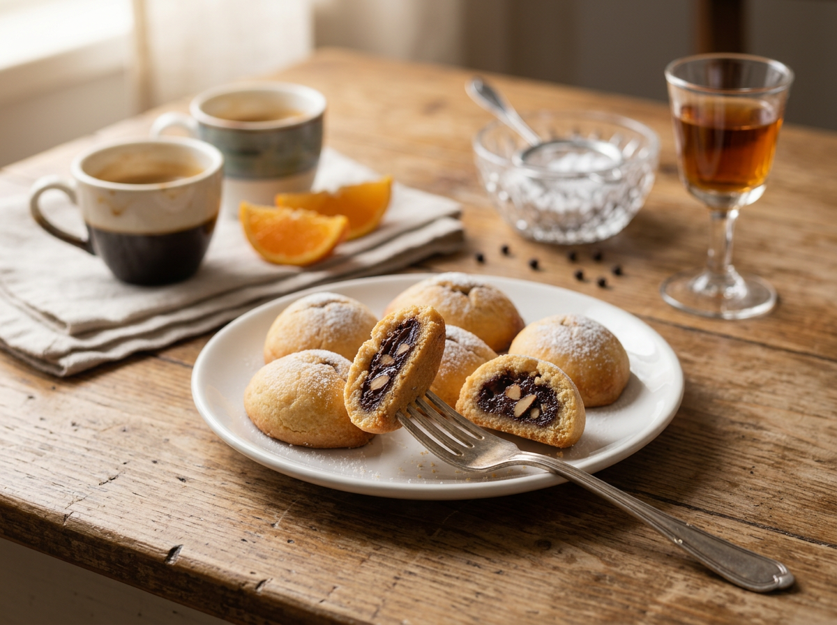 Plate of bocconotti beside two espresso cups on a kitchen table in soft morning light, with a folded linen napkin