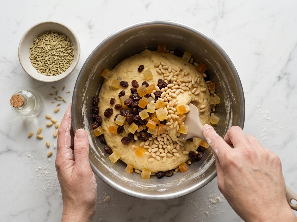 Stiff yeasted dough in a stand mixer bowl with diced candied citron, raisins, and pine nuts being folded in by hand