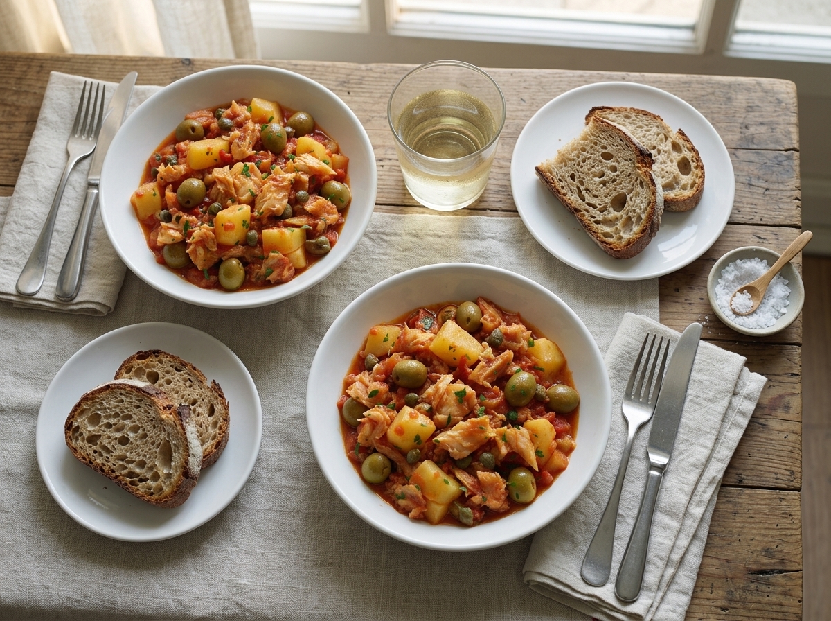 Two shallow bowls of stockfish stew beside sliced crusty bread, a glass of white wine and a linen napkin