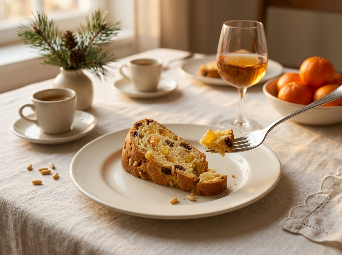 Sliced pandolce on a linen-lined table with espresso cups and a small glass of Moscato in soft winter light