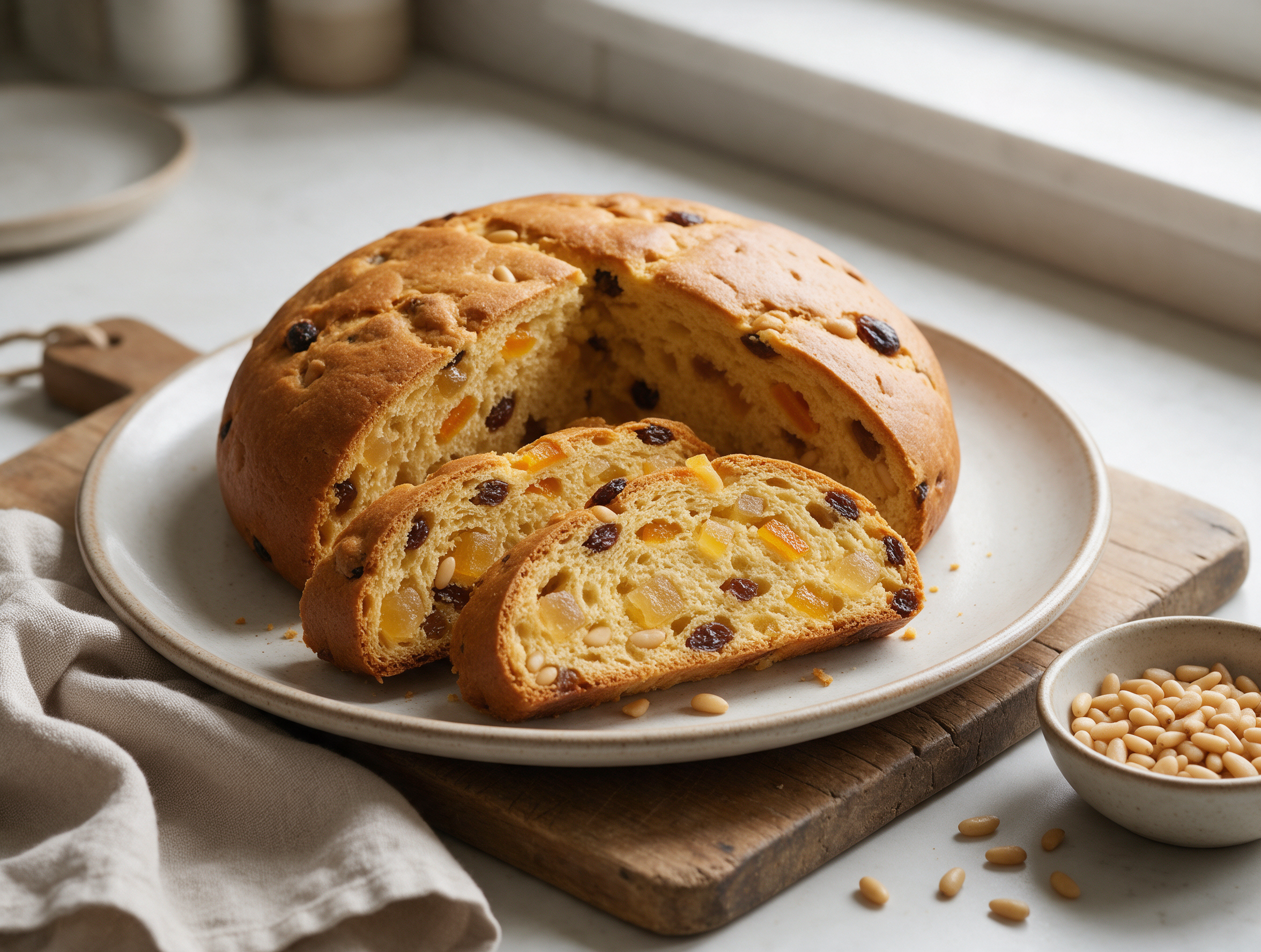 Round pandolce genovese with a golden crust and triangle cuts on a wooden board, sliced to show fruit and pine nuts