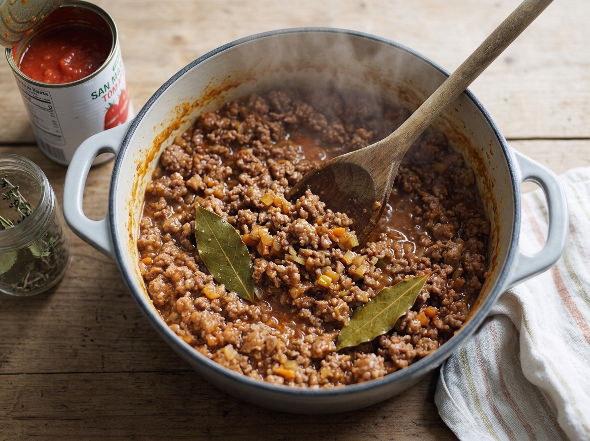Wooden spoon breaking browned ground beef and pork into fine crumbs in a Dutch oven with diced soffritto
