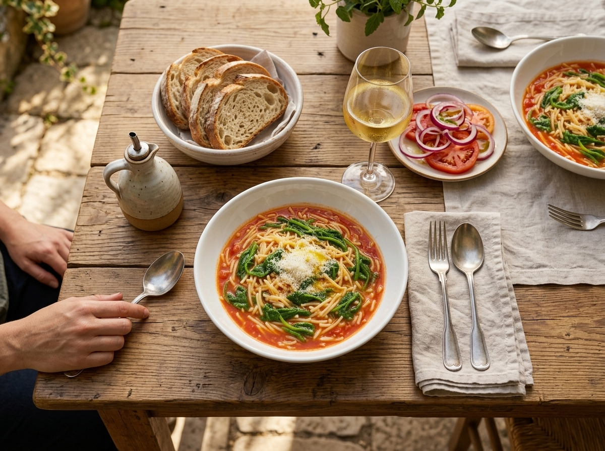 Two bowls of Sicilian greens pasta beside crusty bread, a tomato salad and a glass of white wine on a patio table