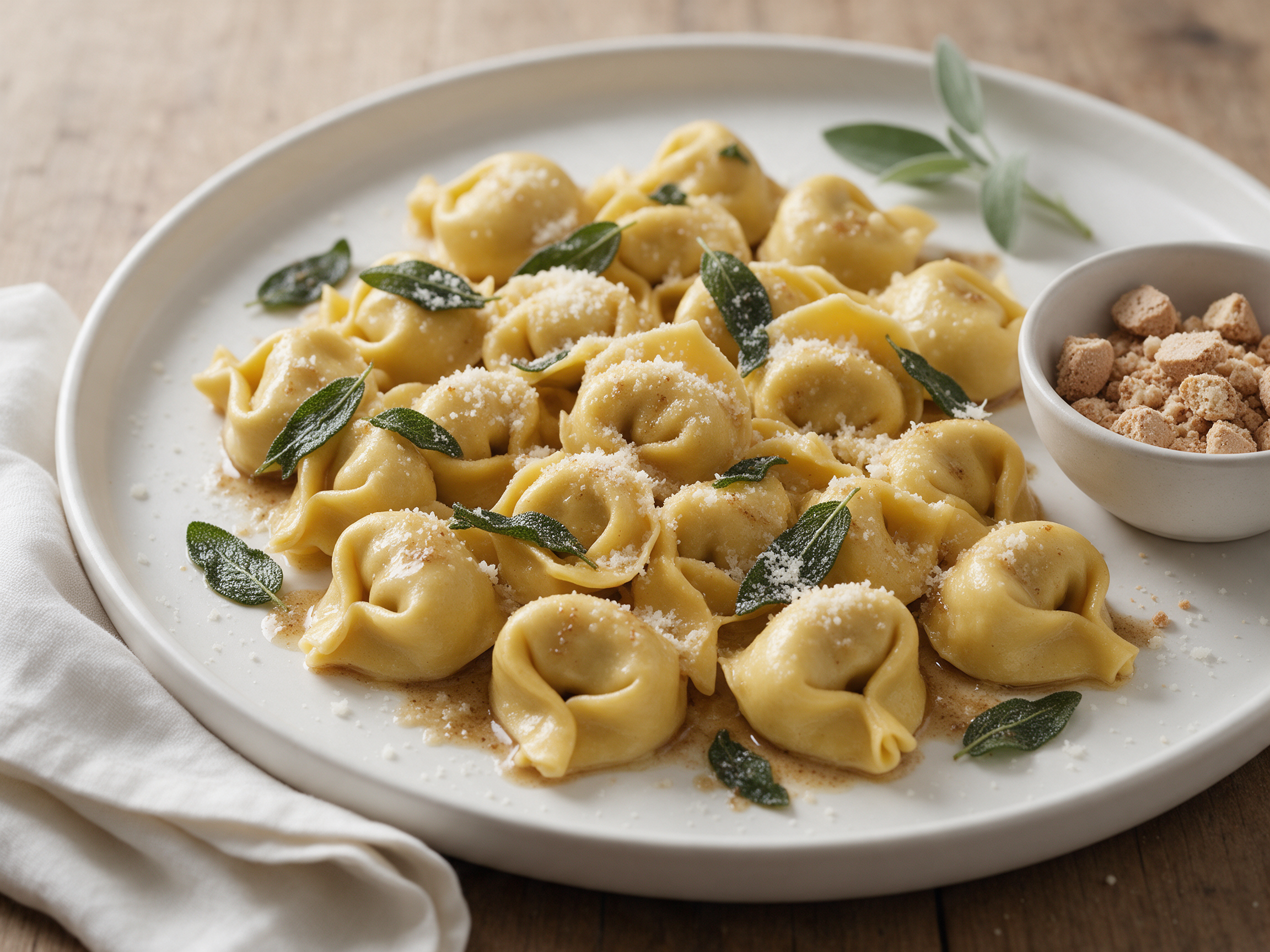 Twist-wrapped tortelli cremaschi on a white platter with sage butter and grated Grana Padano