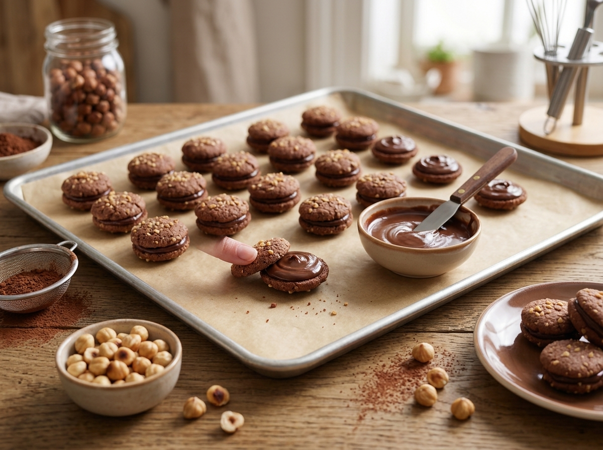 Hands pressing a ganache-filled cookie onto an upturned half on a parchment-lined tray