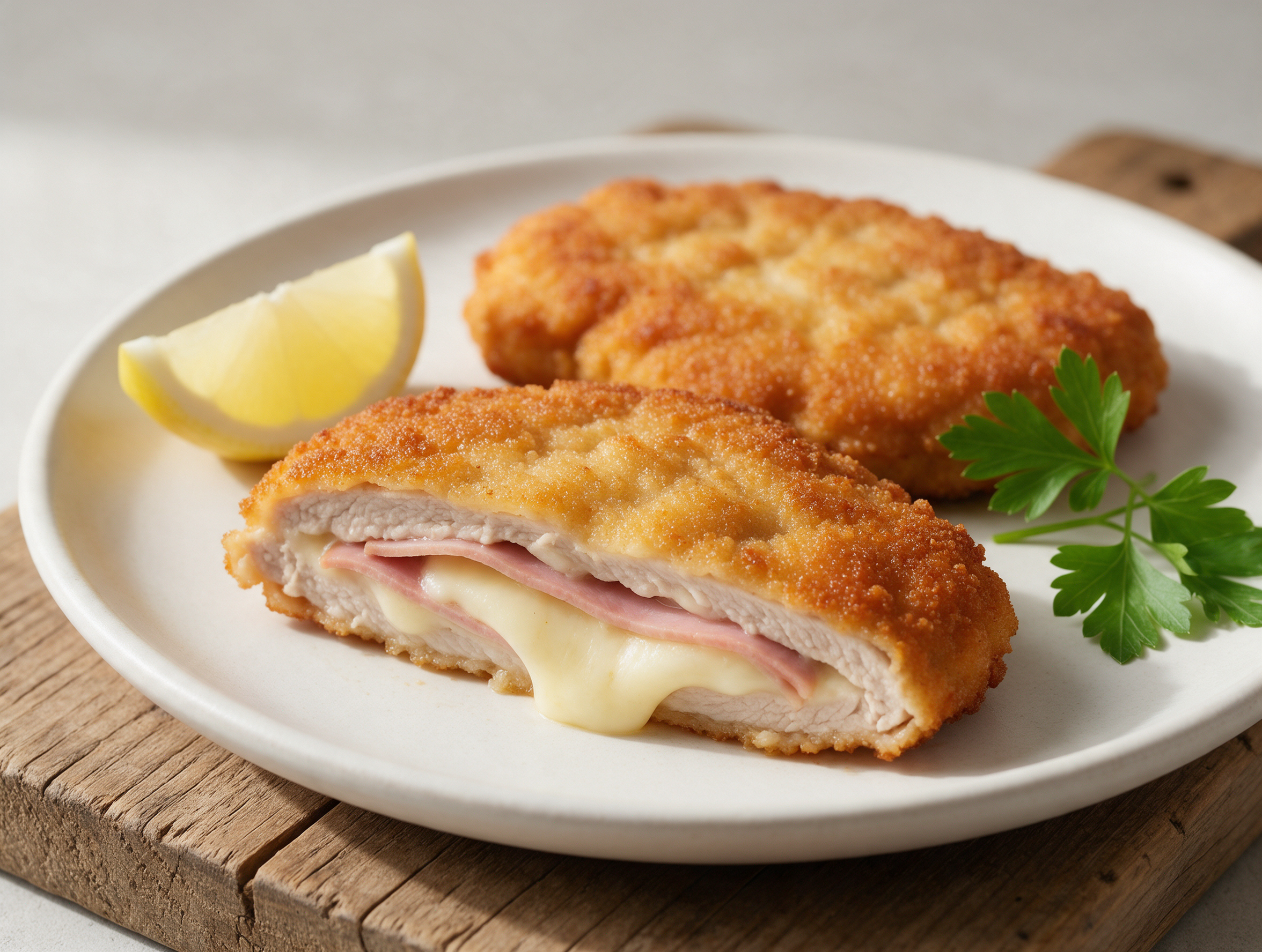 Golden breaded veal cutlet sliced open to reveal melted fontina and pink ham, lemon wedge beside it on a stone plate