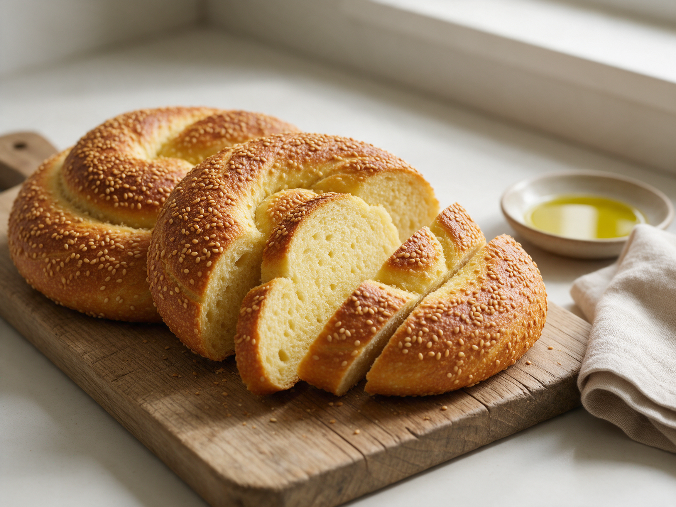 Two coiled sesame-crusted semolina loaves on a wooden board, one sliced to show a pale yellow crumb