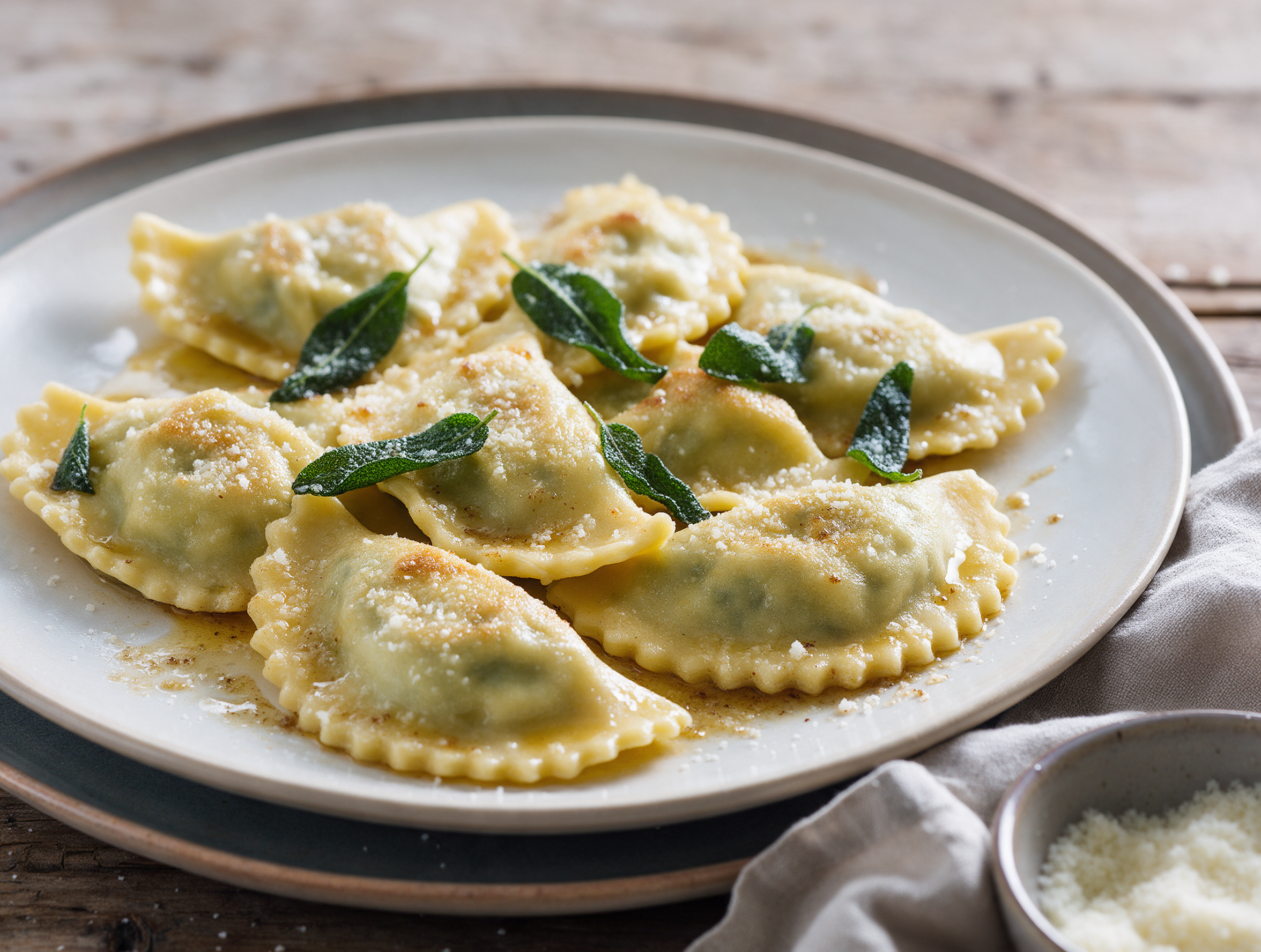 Half-moon Schlutzkrapfen pasta in golden sage butter with grated Parmesan on a plate