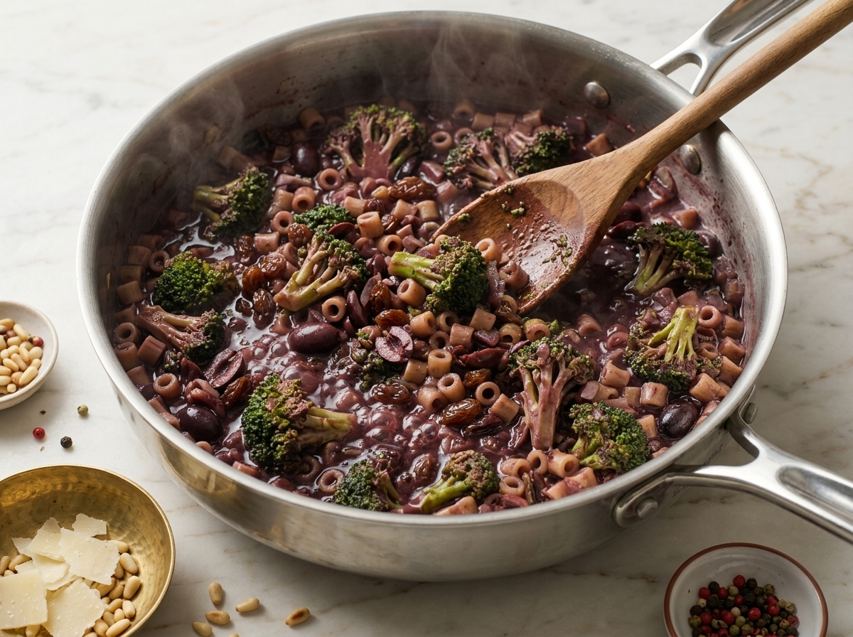 Broccoli florets and sliced onion simmering in red wine inside a wide sauté pan with a wooden spoon