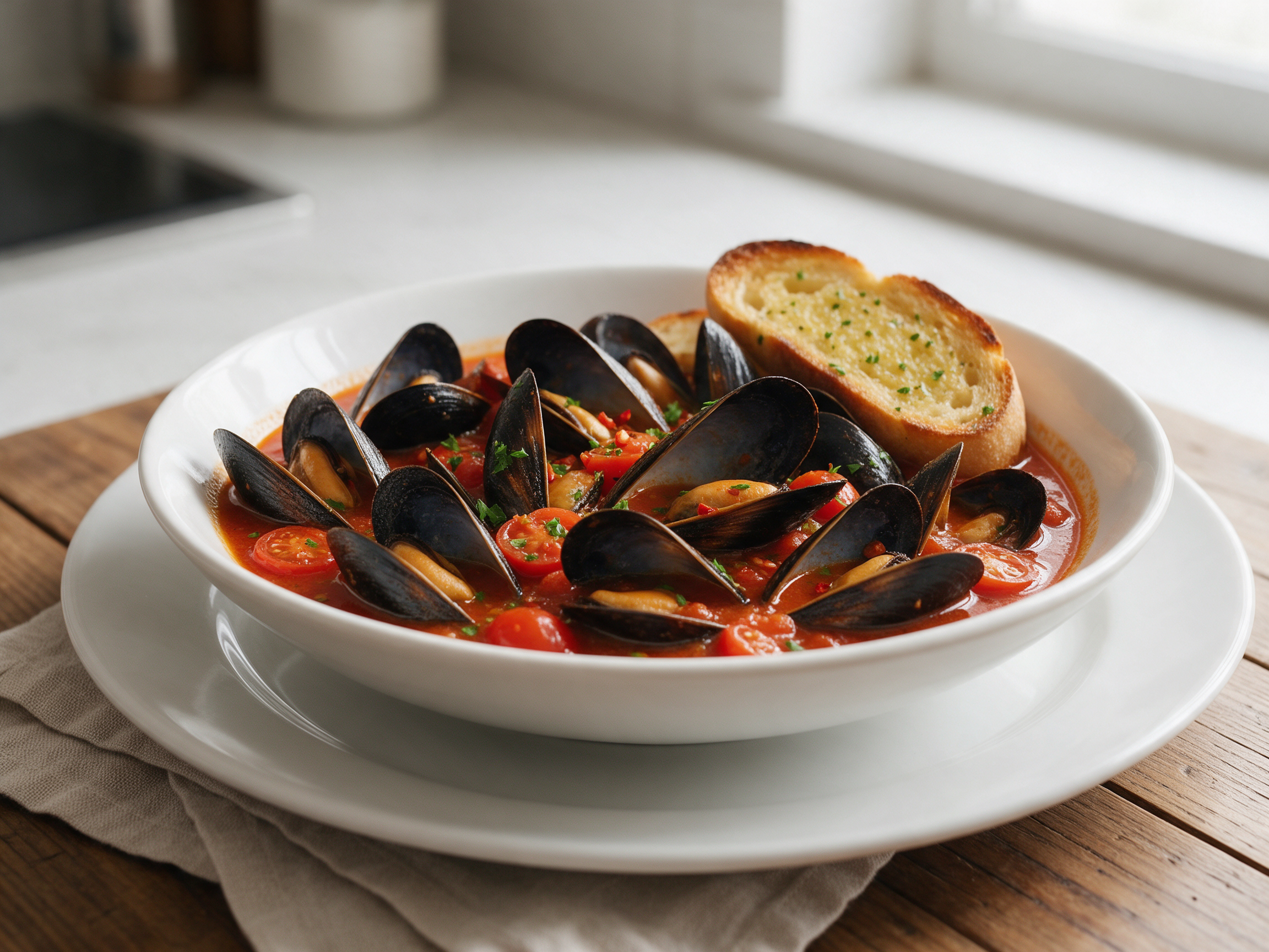 Wide white bowl of mussels in red tomato broth with chili and parsley, garlic toast beside it on a wooden table