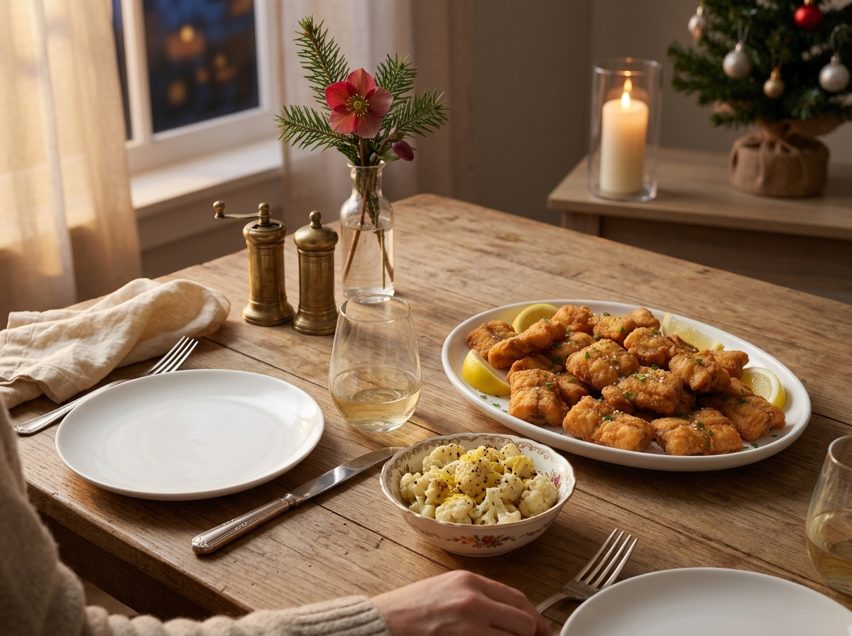 Christmas Eve table set with a platter of fried eel, cauliflower salad, and white wine in warm evening light