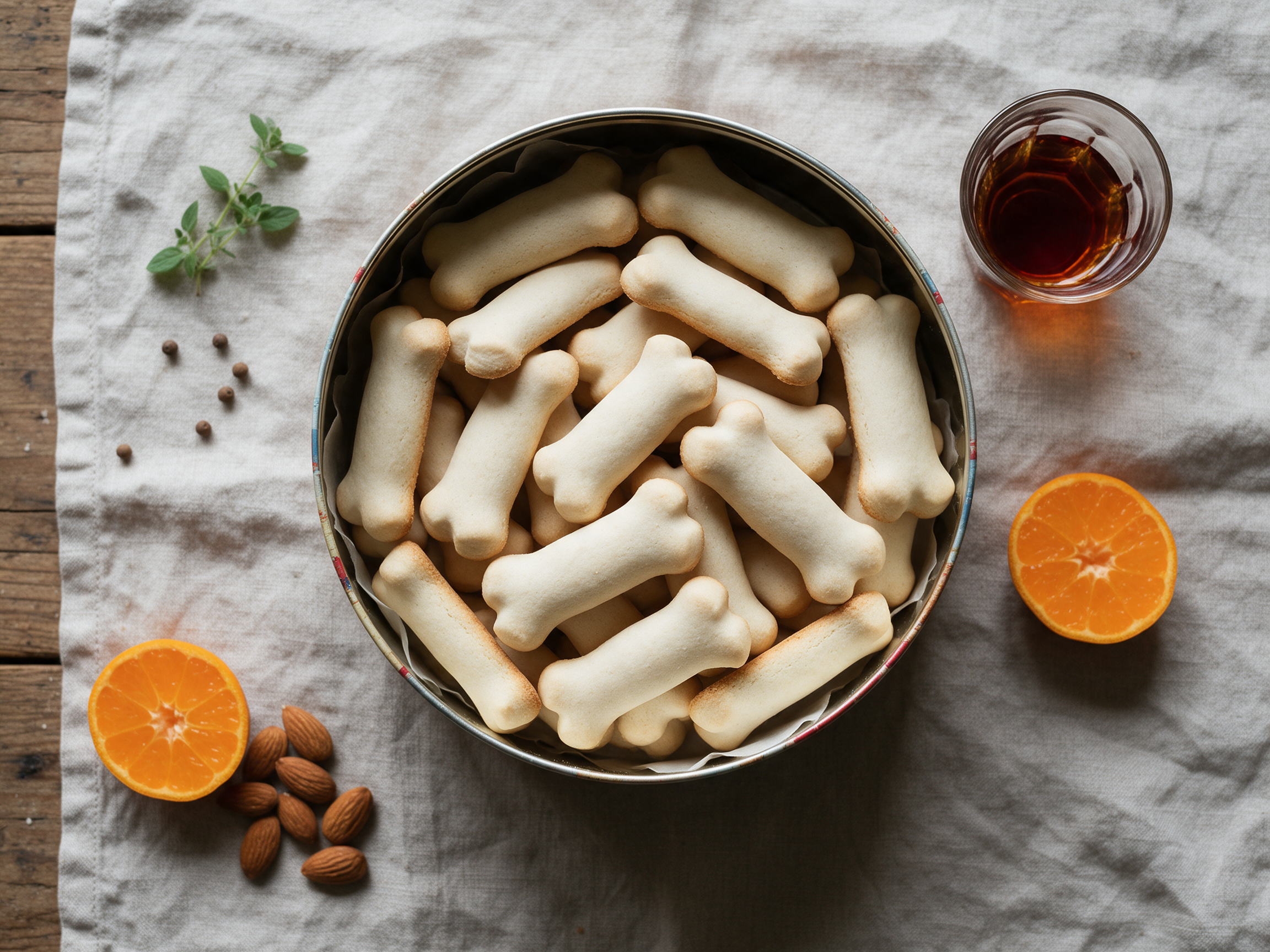 Pale notched almond cookie logs in a tin beside a small glass of vin santo