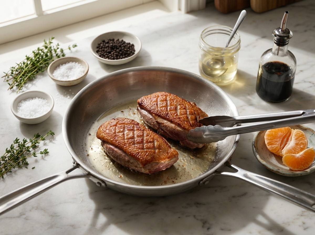Scored duck breasts skin-side down in a stainless skillet, fat pooling as the skin turns golden