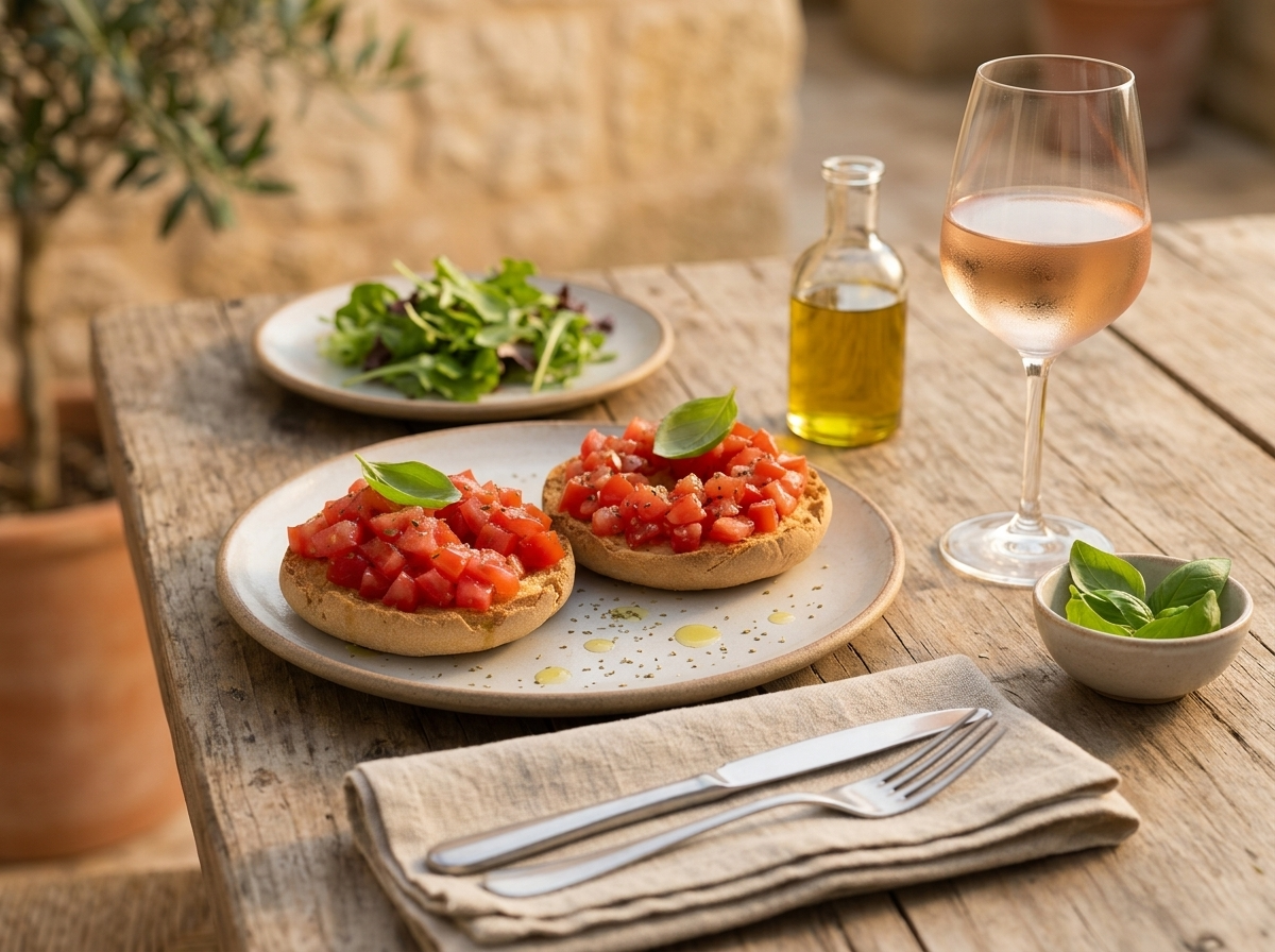 Two plates of friselle, a bowl of cherry tomatoes, and a glass of rosato on a sunlit outdoor table
