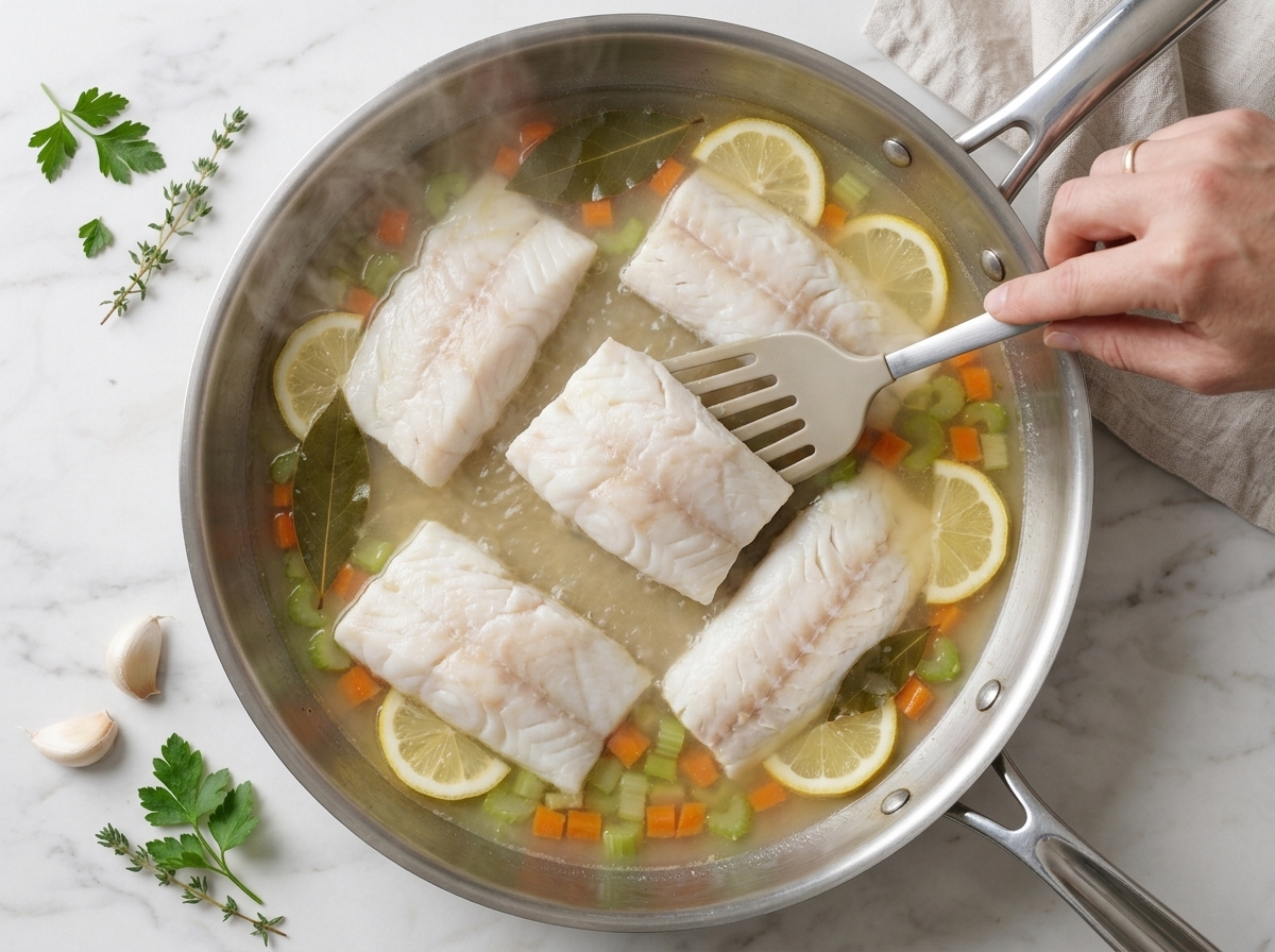 Hake fillets lying in a pale simmering broth with bay leaves and lemon slices in a wide steel pan