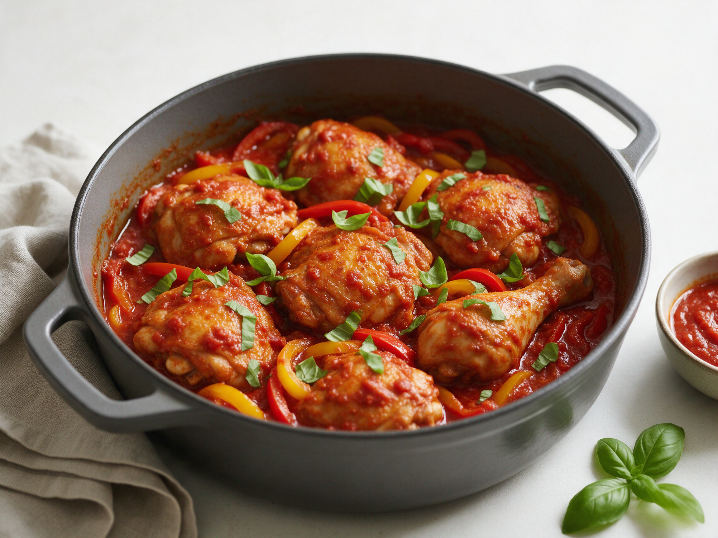 Braised chicken thighs and drumsticks in red pepper and tomato sauce in a cast-iron Dutch oven, torn basil on top