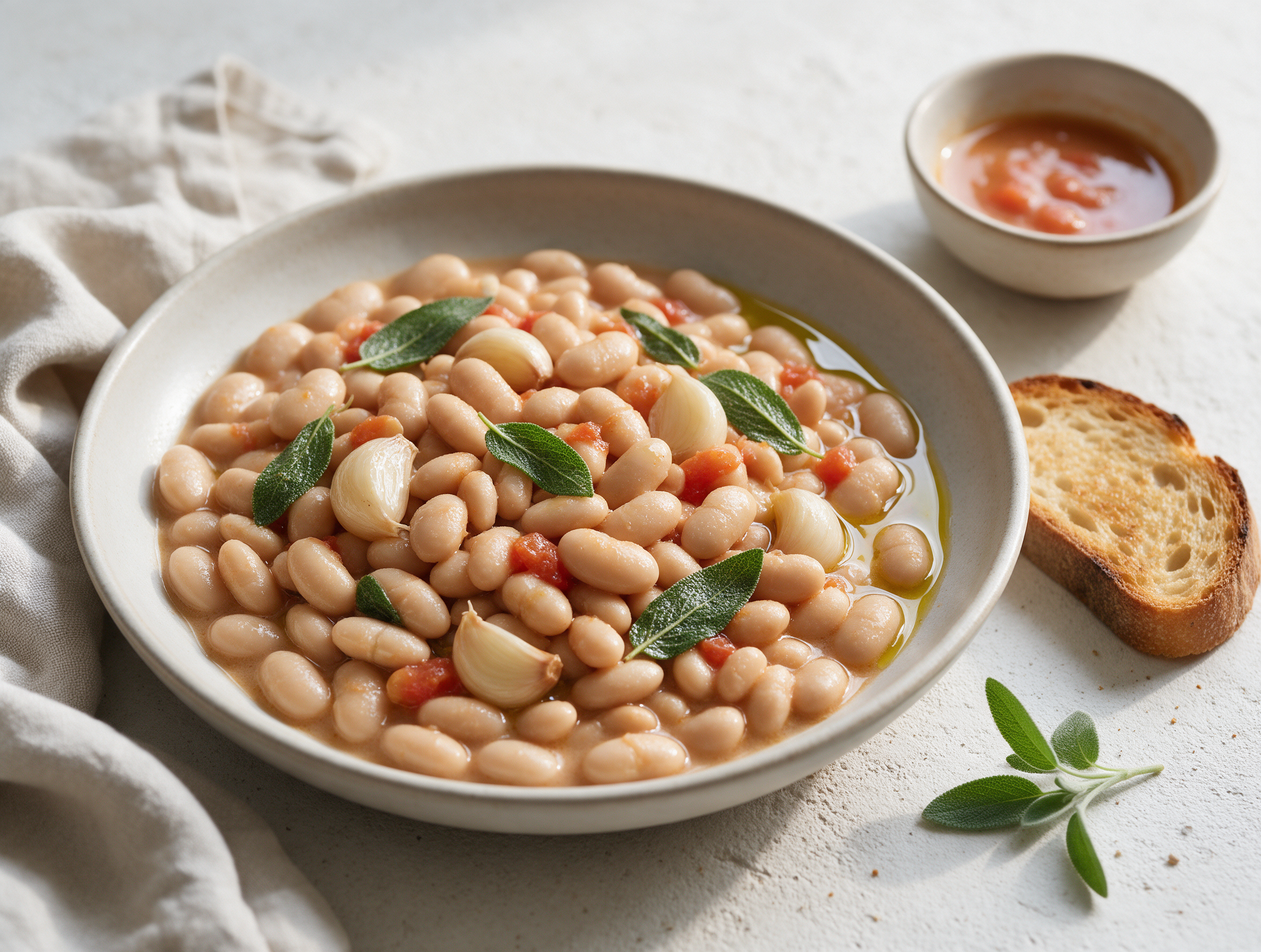 Shallow bowl of creamy cannellini beans with sage leaves and olive oil beside toasted bread on a wooden table