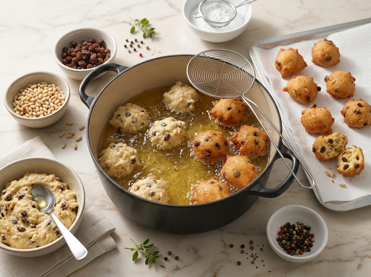 Spoonfuls of raisin batter dropping into hot oil in a deep pot, puffing and turning golden at the edges