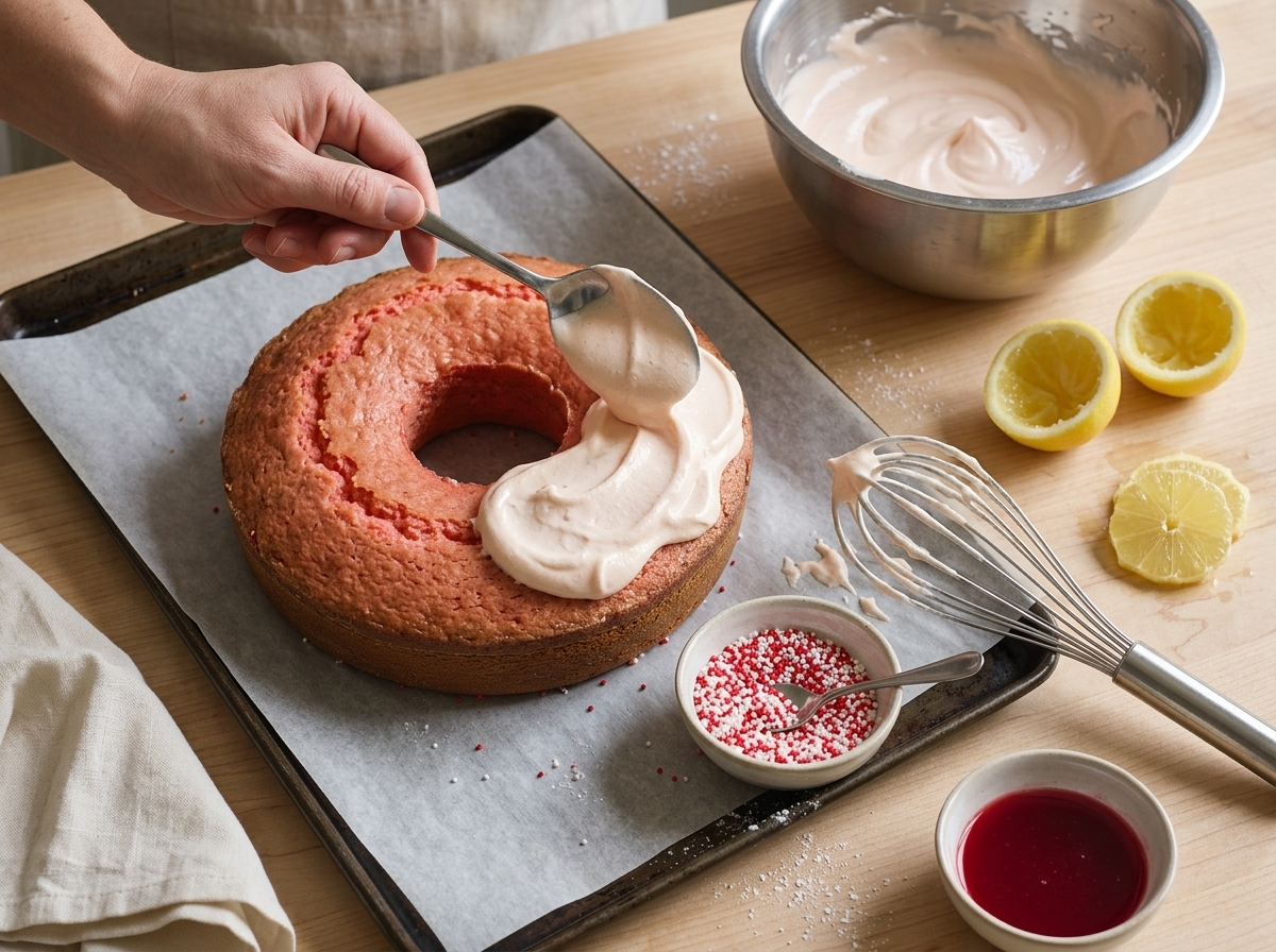 Spooning stiff glossy meringue over a cooled pink ring cake on a parchment-lined baking sheet