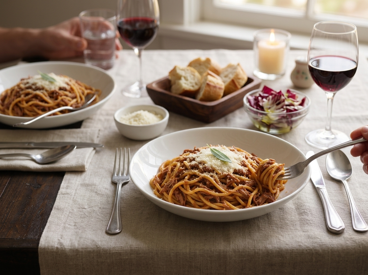 Two plates of pasta beside a glass of red wine, crusty bread, and a radicchio salad on a linen-covered table