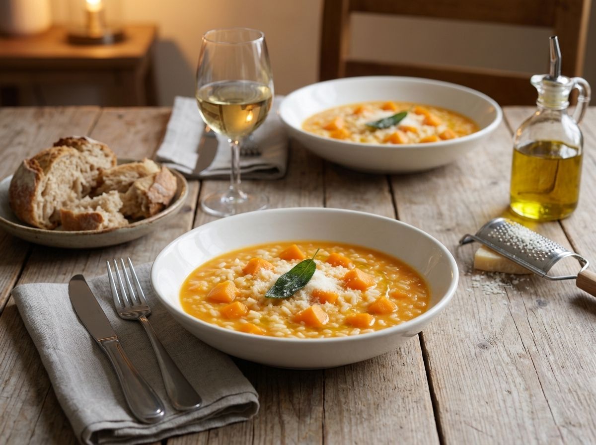Two bowls of soup on a wooden table beside torn crusty bread, a cheese grater, and a glass of white wine