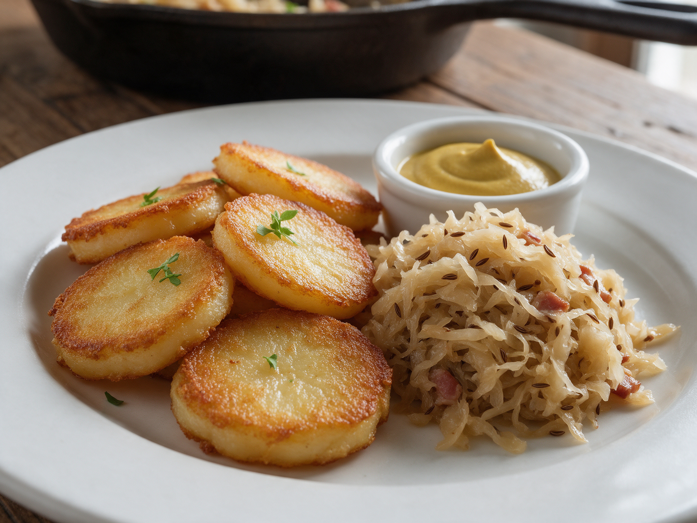 Golden pan-fried potato discs beside braised sauerkraut with speck and caraway
