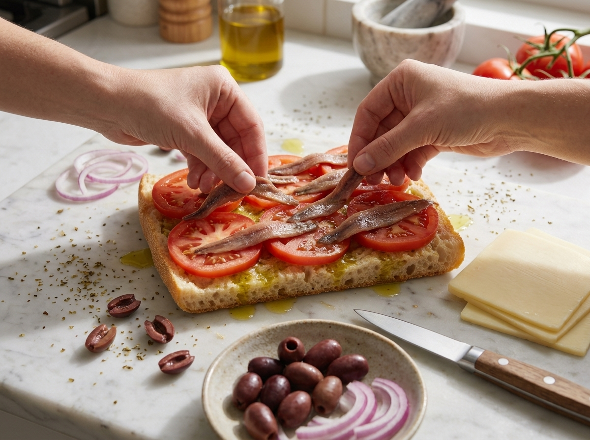 Hands laying salted anchovy fillets over tomato slices on an oil-drizzled semolina loaf half